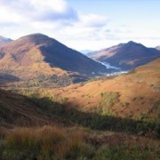 The view back to the start point in Kinlochleven, with Loch Leven beyond. Early season snow just visible on the Aonach Eagach ridge.
